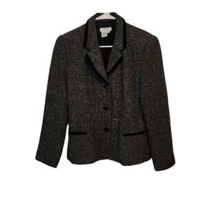 VTG Talbots Wool Tweed Blazer Jacket Black White Velvet Trim‎ Made in USA Size 8